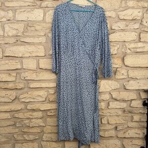beachlunchlounge Long Sleeve Blue Dress with Black Dots Crossover Tie Wrap Dress